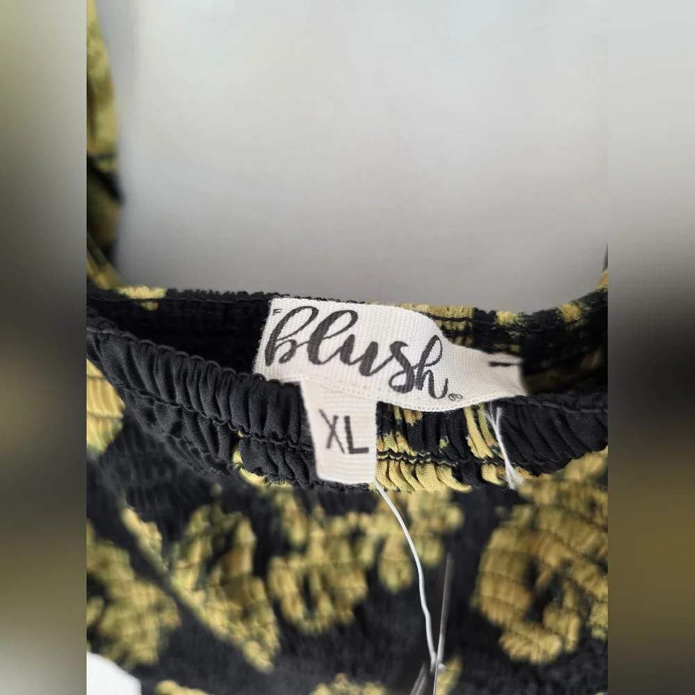 Blush Floral Maxi Dress Puff  Sleeves Smocked Bodice Black Yellow Size XL